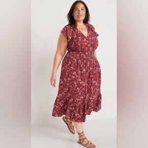 OLD NAVY Waist-Defined Flutter-Sleeve Smocked Floral Midi Dress Size: 2X